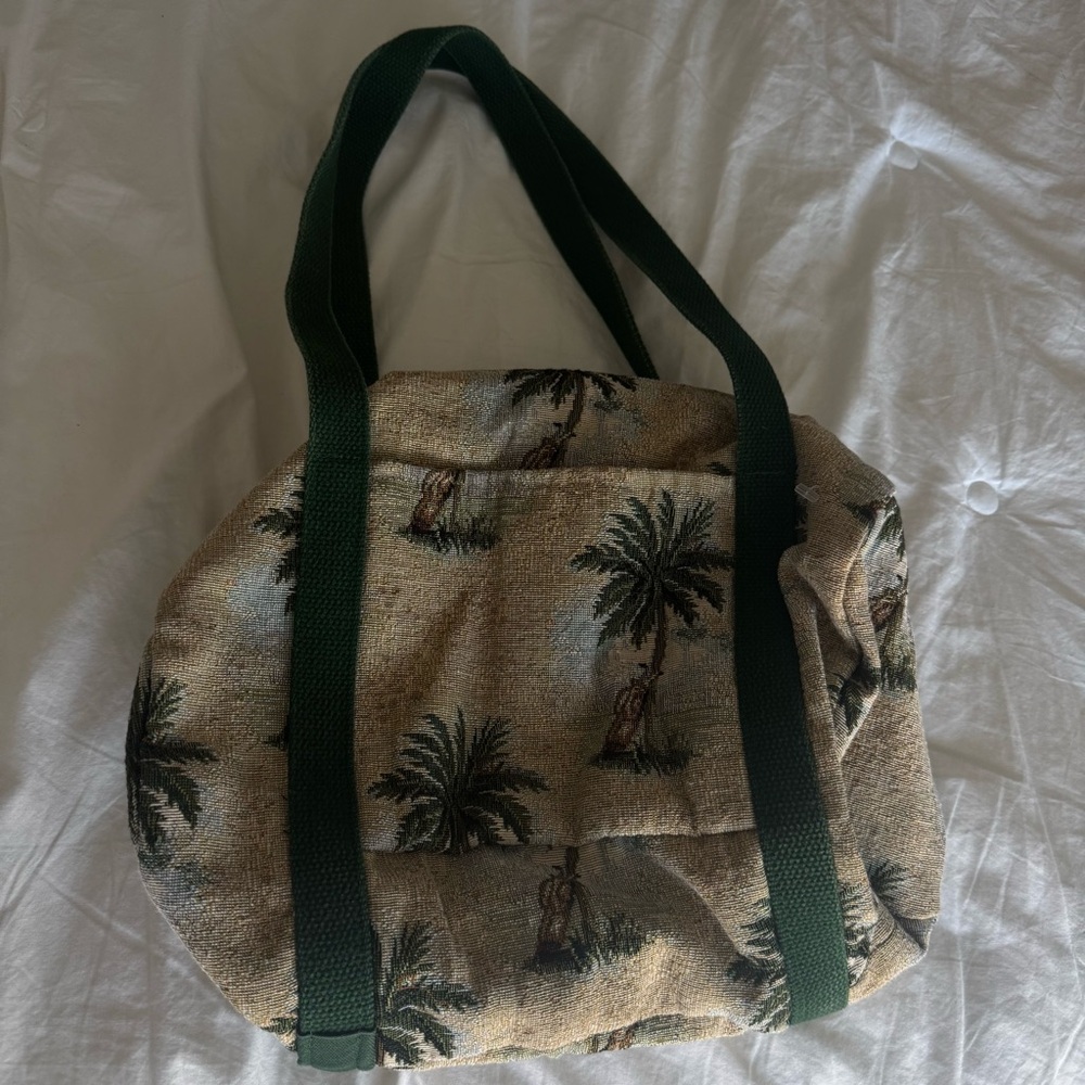 Tropical Print Tote Bag with Green Straps